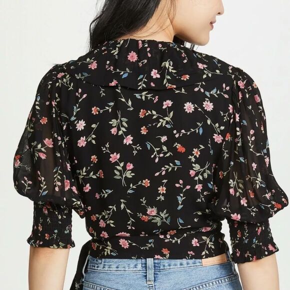 Ganni Paradise Elm Georgette Black Floral Wrap Top - Picture 10 of 14